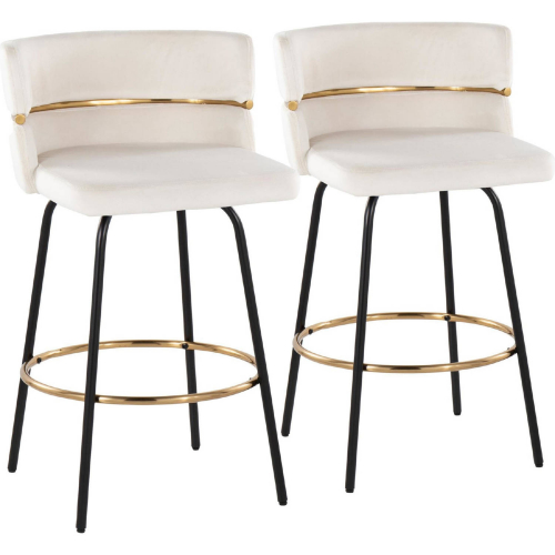 Cinch 26" Swivel Counter Stool in Black Metal & Cream Velvet with Round Gold Footrest (Set of 2)